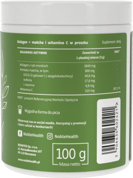 Tył zielonego opakowania NobleHealth Kolagen + Matcha + Witamina C w proszku 100g, z danymi o składzie.