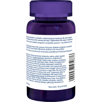 Tył fioletowej butelki Doppelherz Melatonina Żelki, z widoczną białą etykietą zawierającą skład i instrukcje.