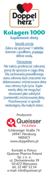 Biała etykieta suplementu diety Doppelherz Kolagen 1000. Logo z dwoma sercami, czarnym i czerwonym. Tekst z dawkowaniem i danymi producenta.