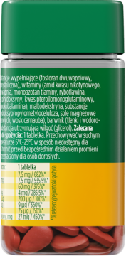 Tył butelki MÖLLERS B-complex Forte, zielona zakrętka, etykieta z tabelą witamin B i składników. Widać czerwone tabletki.