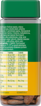 Tył butelki MÖLLERS Włosy, Skóra, Paznokcie z zieloną nakrętką. Widoczna etykieta ze składem i tabelą wartości odżywczych.