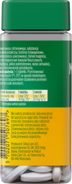 MÖLLERS Magnez + B6 suplement diety, tył butelki z zielono-żółtą etykietą i białymi tabletkami.