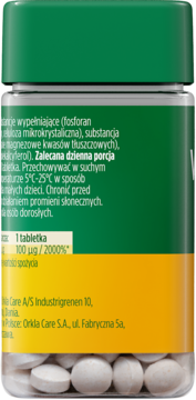 Tył butelki Möllers Witamina D3 4000 IU z polskim opisem składu i dawkowania, zielono-żółte etykiety.