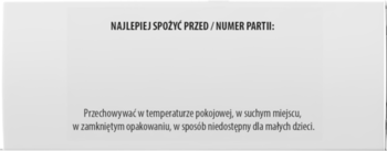 Fragment opakowania Probiotyku GASTRO, jasnoszary, z nagłówkiem 'NAJLEPIEJ SPOŻYĆ PRZED / NUMER PARTII:' i instrukcją przechowywania.
