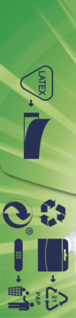 Symbole informacyjne na zielonym tle, w tym "LATEX", recyklingu oraz instrukcje użycia plastrów Salvequick Sonic.