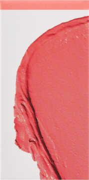 Kremowy róż do policzków 3w1, zbliżenie na intensywny, koralowy kolor z widoczną fakturą, na białym tle.