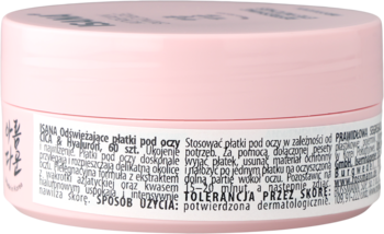 Różowe opakowanie Isana odświeżające płatki pod oczy, widok z boku z etykietą, ukojenie i nawilżenie.