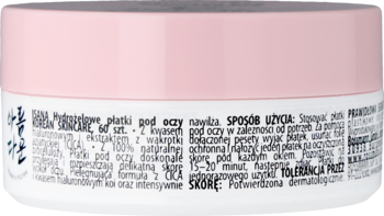 Tył opakowania Isana Korean Skincare Refreshing Eye Patches, biały słoik z różową zakrętką, tekst informacyjny.