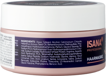 Isana Professional Molecular Repair, różowa maska do włosów, widok z tyłu opakowania z białą pokrywką i listą składników.