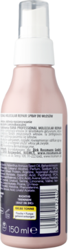 Isana Professional Molecular Repair, tył różowej butelki sprayu 150ml, etykieta z polskim opisem i składnikami.
