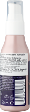Tył olejku Isana Professional Molecular Care do włosów 75ml, różowa butelka z białą etykietą i kodem.