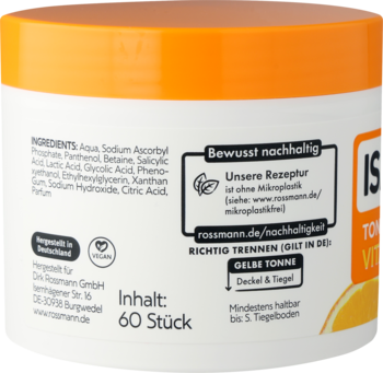 Tył opakowania ISANA Vitamin C Toner Pads, biały pojemnik z pomarańczową pokrywką, widoczne składniki i opis eko.