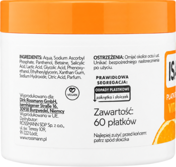 Tył opakowania Isana Vitamin C Toner Pads w pomarańczowym słoiczku. Widoczne składniki, ostrzeżenia i 60 płatków.