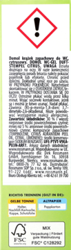 Tył opakowania Domol WC-Gel Duft-Stempel Citrus: ostrzeżenie, skład, instrukcje recyklingu i logo FSC.