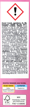 Tył opakowania żelu WC Domol Flower, z symbolem ostrzegawczym, tekstem i instrukcjami segregacji odpadów.
