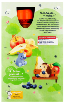 Babydream BIO Mix przecierów owocowych, tył opakowania z owocami, zwierzętami i informacjami na zielonym tle.