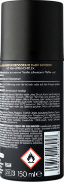 Tył czarnej puszki dezodorantu ISANA MEN DARK INFUSION 150ml, z etykietą, kodem kreskowym i symbolem łatwopalności.