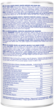 Tył puszki granoli orzechowej z etykietą pełną składników, wartości odżywczych i małym drukiem.