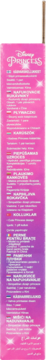 Side view of a pink-purple Disney Princess product package featuring blocks of multilingual product details with national flags.