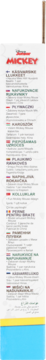 Pionowa lista produktów Disney Mickey z czerwonym logo, tytułami i tekstem, na białym tle z żółto-niebieskim paskiem.