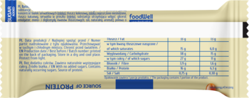 Tył białkowo-orzechowego batona FoodBite, widok makro na tabelę wartości odżywczych i składniki.