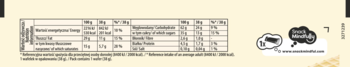 Tabela wartości odżywczych wafelka kakaowego z czekoladą, przedstawiająca dane na 100g i jedną porcję.