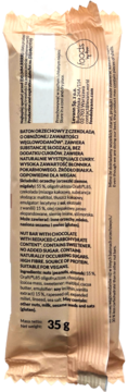 Tył batonika orzechowego Foods by Ann z czekoladą, z widoczną listą składników i wagą 35g, beżowe tło.