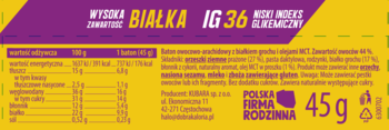 Tył żółto-fioletowej etykiety batonika proteinowego. Widoczna tabela wartości odżywczych, napisy BIAŁKA, IG 36 i waga 45g.