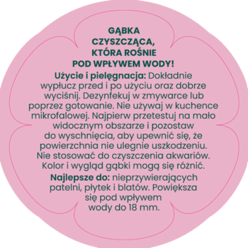 Różowa, kwiatowa etykieta zmywaka POP UP, instrukcje i opis gąbki czyszczącej rosnącej w wodzie do 18mm.