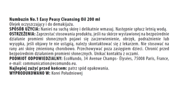 Numbuzin No.1 Easy Peasy Cleansing Oil, tył opakowania z polską etykietą, opisem i ostrzeżeniami.