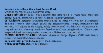 Tylna etykieta Numbuzin No.6 Deep Sleep Mask Serum 50 ml z polskimi instrukcjami i ostrzeżeniami na niebieskim tle.