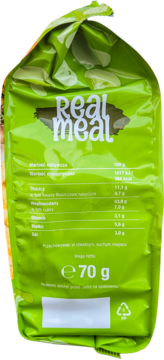 Tył zielonej paczki chipsów Real Meal o smaku grzybowym, z tabelą wartości odżywczych i widoczną wagą netto 70g.