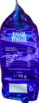 Tył fioletowej paczki niesmażonych chipsów z soczewicy Real Meal ser pleśniowy, tabela odżywcza 70g.