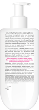 Tył białej butelki naturalnego balsamu ujędrniającego dla kobiet w ciąży z olejem lnianym i aloesem.