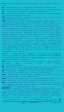 Strona z instrukcją laktatora Canpol SmartSense w wielu językach, gęsty czarny tekst na białym tle.