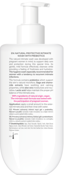 Tył białej butelki Natural Protective Intimate Wash z pompką, widoczne szczegóły składu i zastosowania.