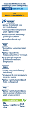 Etykieta Prenalen Elektrolity o smaku ananas-pomarańcza. Widoczne szczegóły o składnikach i cechach: vegański, bez cukru.