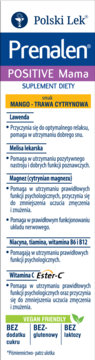 Suplement diety Prenalen Positive Mama, Polski Lek, smak Mango-Trawa Cytrynowa, w niebiesko-fioletowym opakowaniu, widok z przodu.