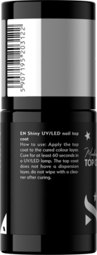 Czarny lakier nawierzchniowy UV/LED do paznokci, tył z instrukcją użycia i kodem kreskowym.