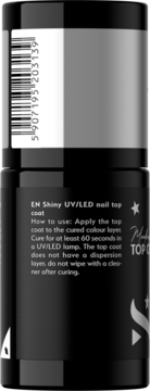 Tył czarnej butelki z połyskującym top coatem UV/LED. Widoczne instrukcje użytkowania i srebrny kod kreskowy.