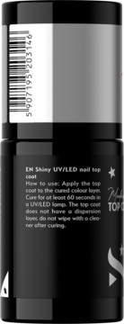 Czarny top coat UV/LED do paznokci w butelce, widok z tyłu z kodem kreskowym i angielską instrukcją.