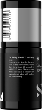 Czarna butelka z błyszczącym top coatem UV/LED, tył z instrukcją użycia i kodem kreskowym.