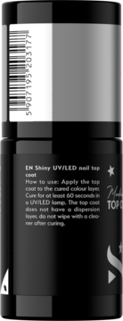 Tył czarnej butelki Shiny UV/LED nail top coat, widoczny kod kreskowy i instrukcja użycia produktu.