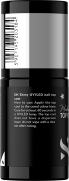 Tył czarnej butelki Shiny UV/LED nail top coat z białym kodem kreskowym i instrukcją użycia na etykiecie.