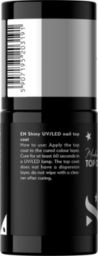 Tył czarnej butelki Shiny UV/LED nail top coat z kodem kreskowym i instrukcją użycia w języku angielskim.