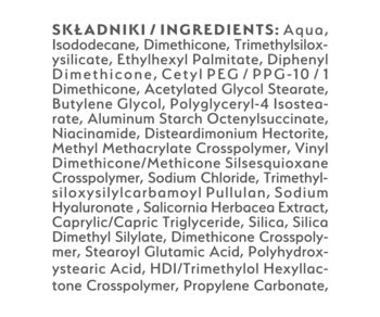 Składniki wygładzającego podkładu Catch That Blur: Aqua, Niacinamide, Sodium Hyaluronate na etykiecie.
