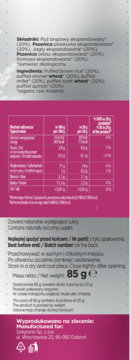 Tył opakowania mixu Eko ekspandowanych zbóż. Widoczna tabela wartości odżywczych i masa netto 85g.