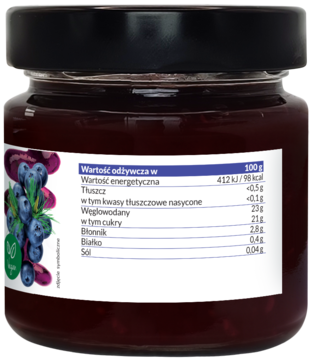 Tył słoika dżemu borówkowego z białą etykietą, widoczna tabela wartości odżywczych w 100g produktu.