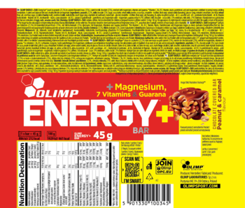 Tył opakowania batonika Olimp Energy+ Bar orzeszkowy z karmelem, czerwono-żółty, z tabelą wartości odżywczych i kodem EAN.