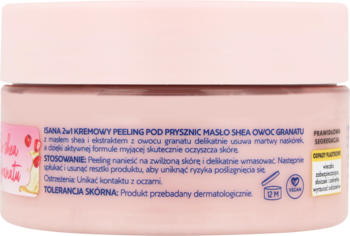Różowy słoiczek Isana 2w1 kremowy peeling pod prysznic Masło Shea Owoc Granatu, tył opakowania z polskim opisem.